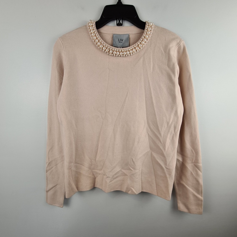 LIV Milano Womens Pearl‎ Embellished Crewneck Sweater Beige Size S Ribbed Knit